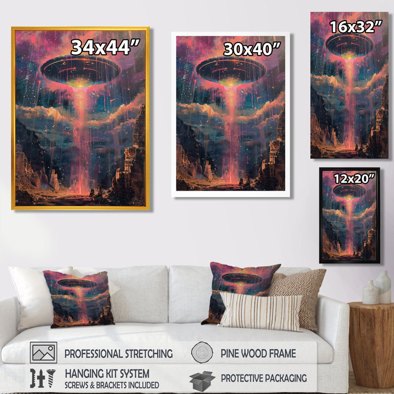 Rose et bleu interstellaire Ufos II - impression d'art mural Ufos, H 34 po x l 44 po, Cadre flottant brun, bois massif