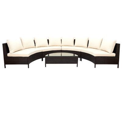 5 Pieces All-Weather Brown PE Rattan Wicker Sofa Set Outdoor Patio Sectional Furniture Set Half-Moon Sofa Set With Tempered Glass Table, Beige