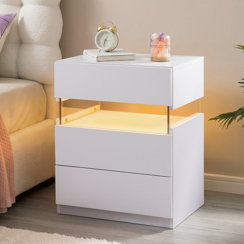LED Bedside Table Set of 2 with Drawers, White