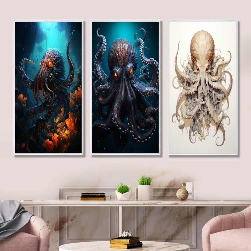 Superheros Octopus Warrior - ensemble de salon art mural poulpe / calmar de 4, Cadre flottant blanc, H 28 po x l 36 po
