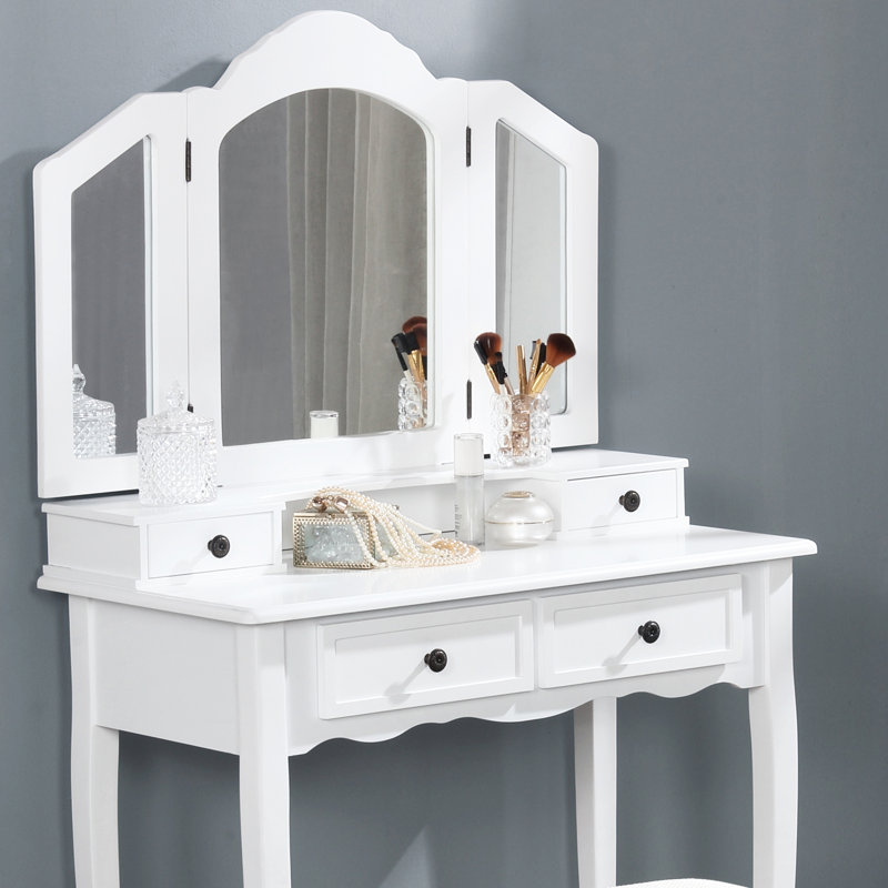 Coiffeuse et tabouret en bois blanc - Meuble de design moderne à l'allure élégante