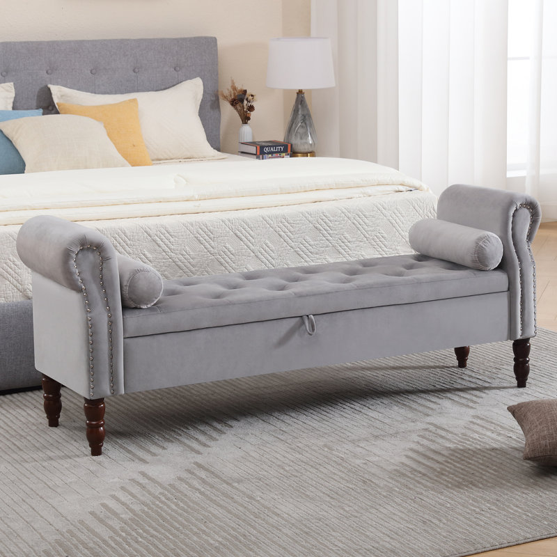 Minaal Velvet Upholstered with Arms Storage Bench, Gray, 26.4'' H X 66.9'' W X 16.9'' D