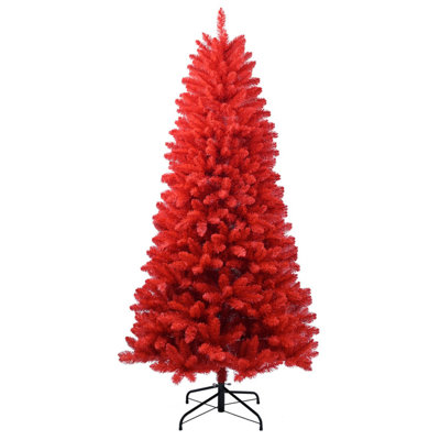 Arbre de Noël rouge 6 pi - Arbre en PVC rouge pur avec 804 pointes, branches articulées pour une installation facile, support en métal stable, décoration de Noël d'Halloween audacieuse