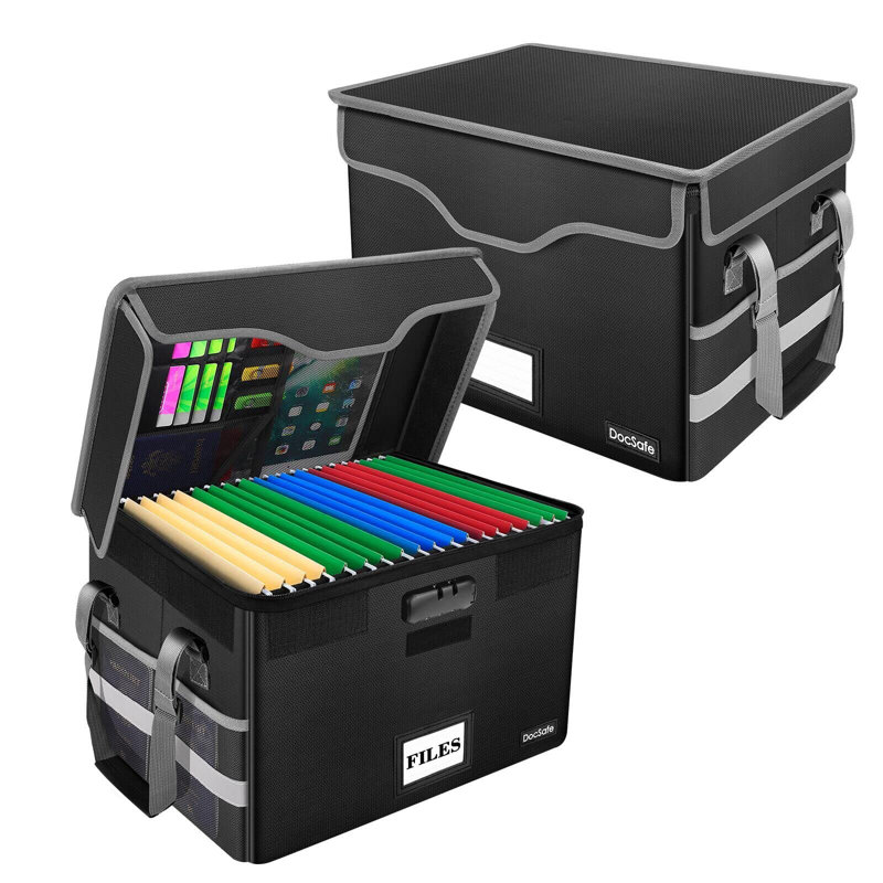 Black Fireproof Document Storage Box with Lock and Pockets, 2 Pack