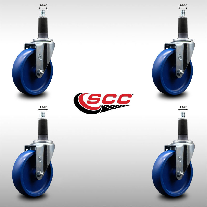 5 Inch SS Solid Poly Wheel Swivel 1-1/8 Inch Expanding Stem Caster Set SCC