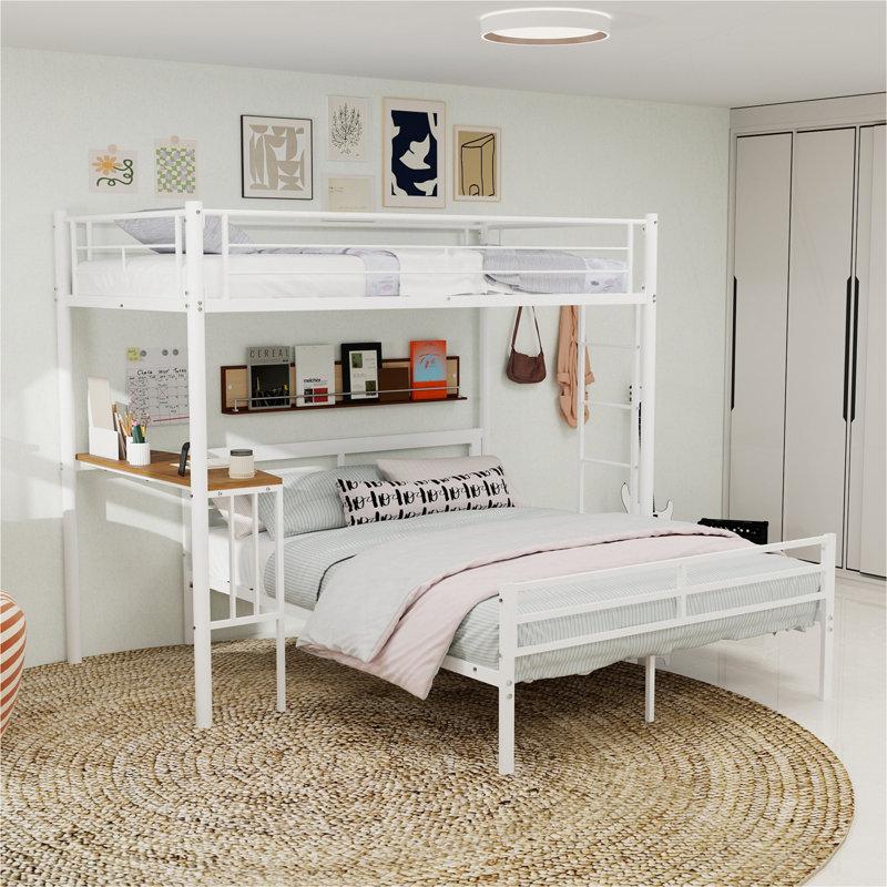 Structure de lit superposé simple au dessus d'un lit double en métal robuste avec échelle pratique et tablette de rangement, solution moderne pour économiser de l'espace pour les enfants et les adultes, assemblage facile, finition blanche, taille simple / double