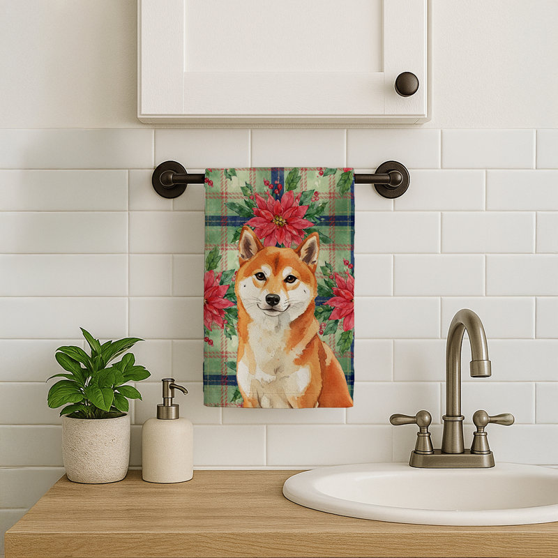 Red Shiba Inu Christmas PoinsettIas Kitchen Towel, Red Shiba Inu