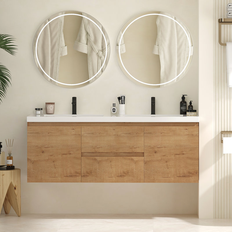 Meuble-lavabo double 59,1 po avec comptoir et deux tiroirs, meuble-lavabo mural flottant avec armoires de rangement (robinet non inclus), entièrement assemblé
