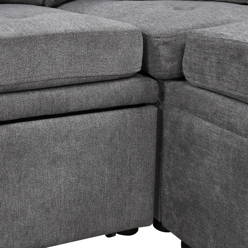 Gray Chenille U-shaped Sectional Sofa Bed With 2 Throw Pillows, Gray