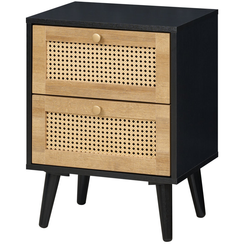Anisjon & Rattan 2 Drawer Bedside Table, Black