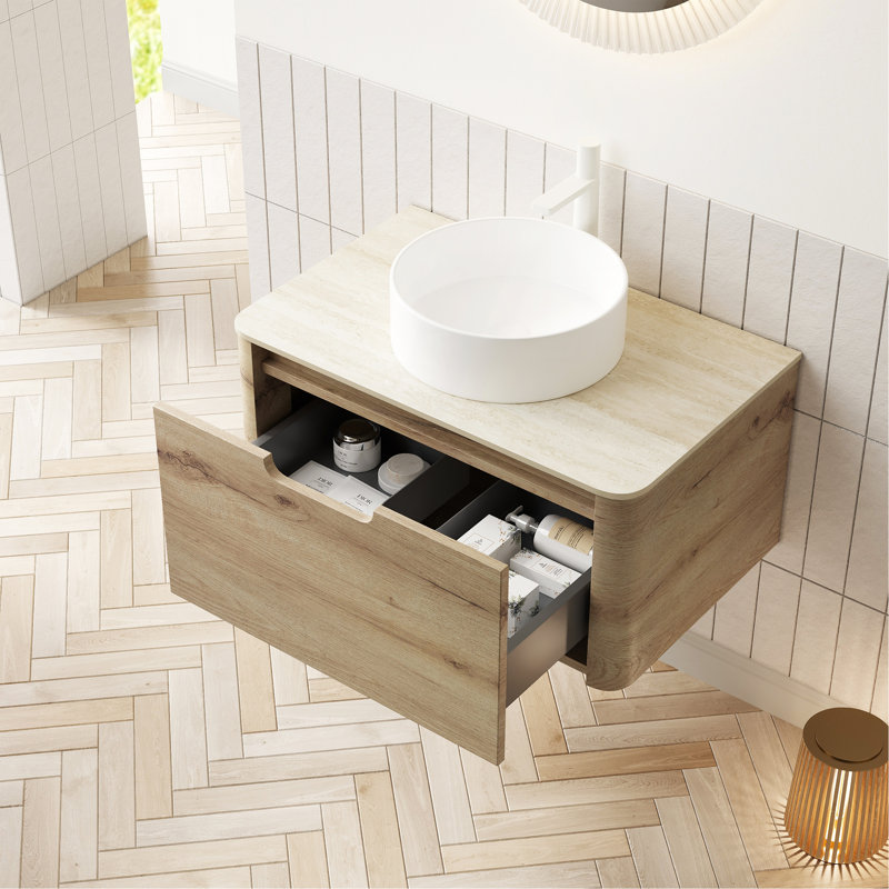 Meuble-lavabo de 30 po avec lavabo, armoire de rangement murale en contreplaqué avec tiroir, lavabo rond en céramique blanche et plateau en pierre frittée à motif de travertin Roma, pré-assemblé, couleur grain de bois de chêne blanc
