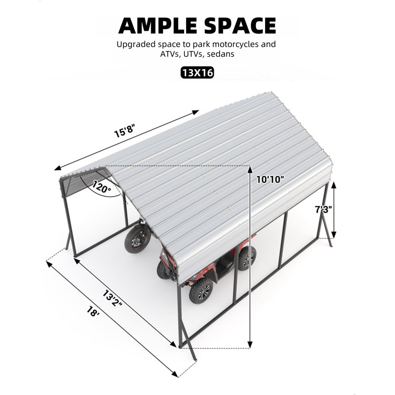 Metal Carport 13× 16 FT, Heavy Duty Carport Reinforced Frame and Steel Roof, All-Weather Shelter for Pickups, Boats, Cars, and Tractors