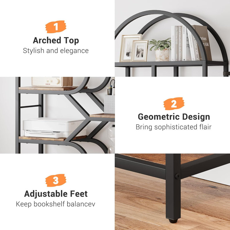 81.7'' H Bookshelf, 6-Tier Arched Bookcase, Geometric Open Storage Shelf, Brown/Black