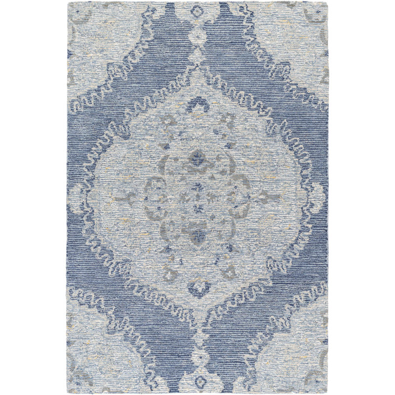 Rectangle Dolme Oriental Hand Tufted Wool Area Rug in Blue/White, Rectangle 2' x 3'