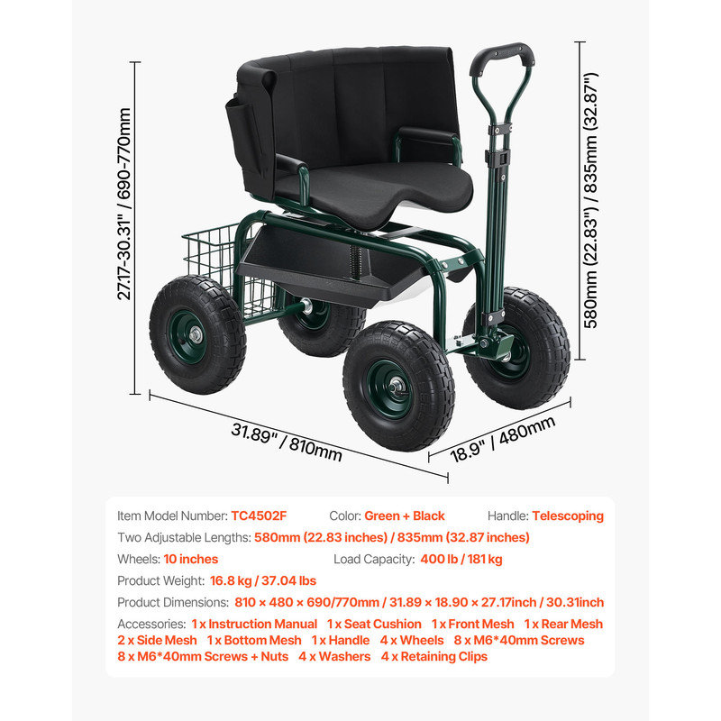 Chariot de jardin roulant vert avec siège pivotant et boîte à outils amovible
