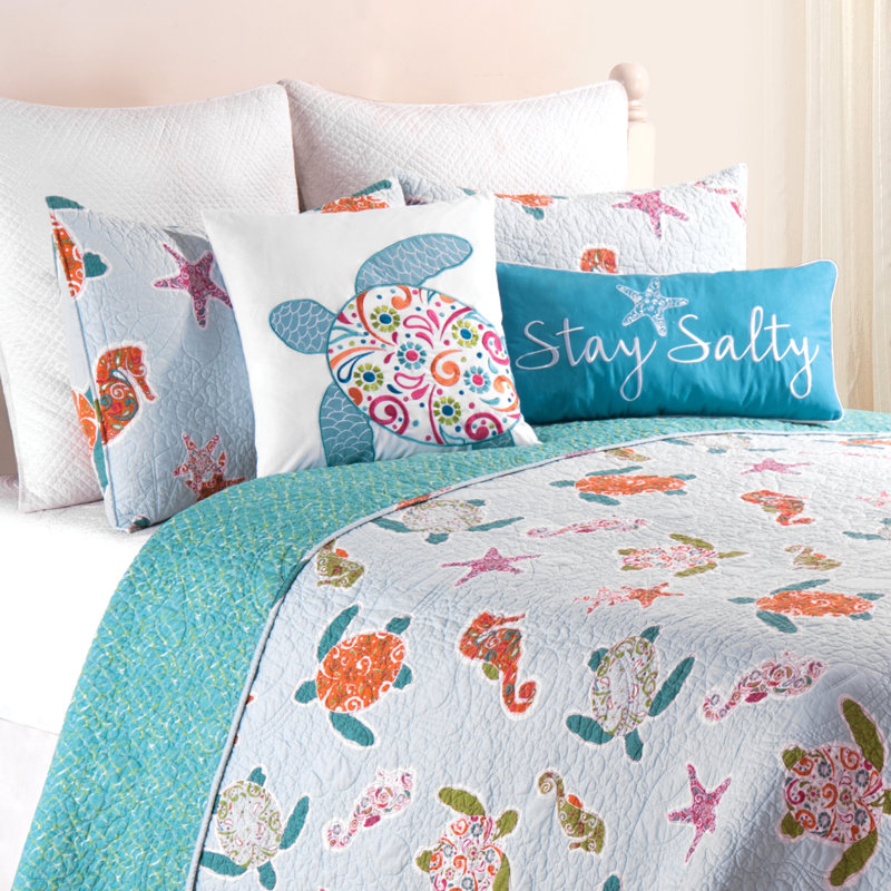 Blue Cotton Twin Reversible Nautical Quilt Set