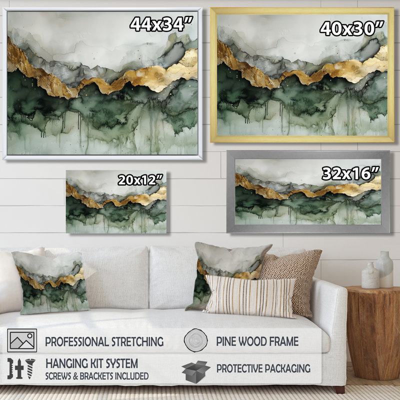 Éthérique éthéré de marbre Calacatta émeraude I - peinture abstraite, décoration murale, H 28 po x l 60 po, Cadre flottant
