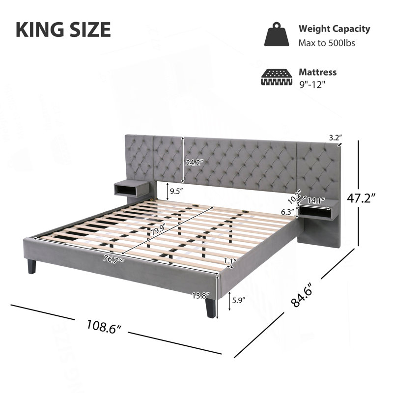 Lit plateforme avec tête de lit, lit plateforme tapissier moderne en velours avec 2 tables de chevet, Gris, Très grand lit