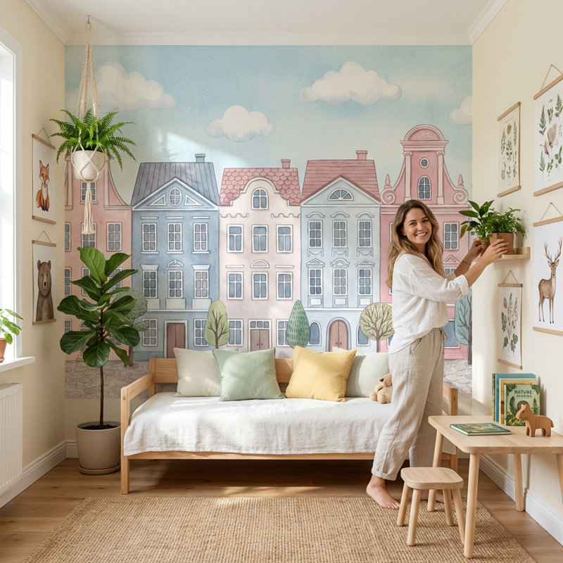 Murale rétro Whimsical Townhouse, Peler et coller, L: 112 po x H: 72 po