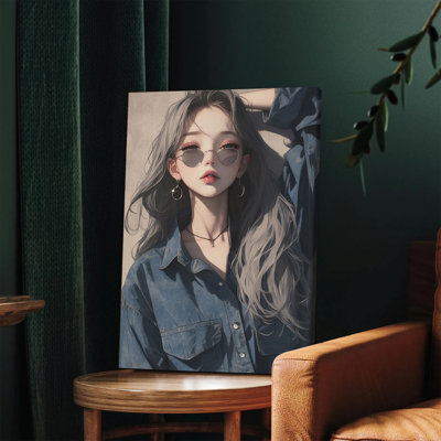 1PC, art mural encadré, portrait moderne élégant, art mural sur toile de jeune femme avec des lunettes de soleil et de longs cheveux en t-shirt en denim
