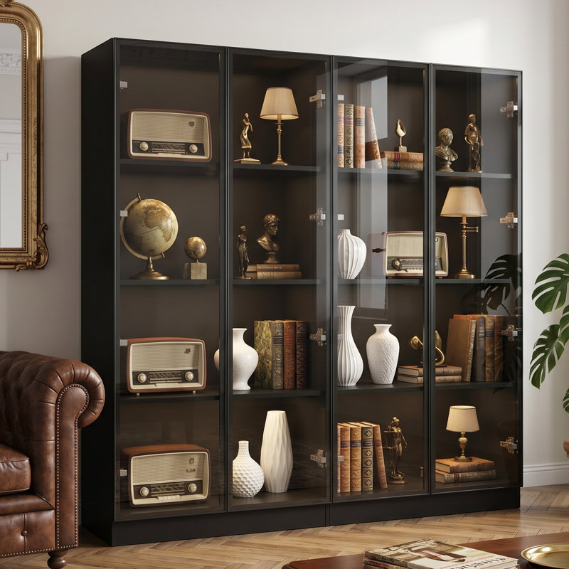 Vitrine à 4 portes en verre avec lumière DEL ajustable Ouimé, Noir