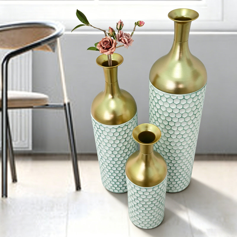 Ensemble de 3 vases de sol décoratifs en métal blanc et doré pour salon et entrée