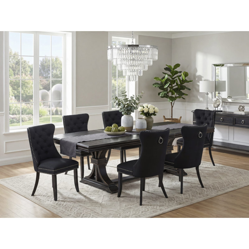 Ensemble de salle à manger 7 pièces composé d'une table en bois et de 6 chaises de cuisine en polyester noir avec dossier capitonné, 44 x 100 pouces, noir sablé