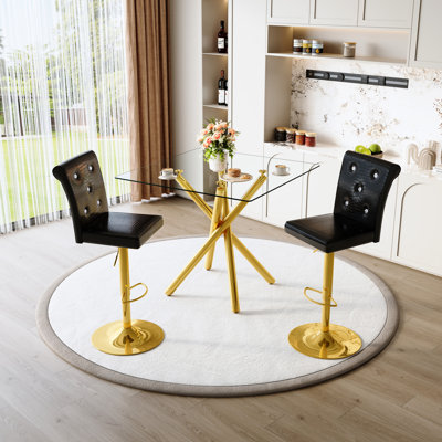 Table de bar moderne en verre et 2 tabourets réglables en cuir noir, pivotant à 360 degrés, matériaux, tabourets en polyuréthane faciles à entretenir avec table dorée assortie, confortable