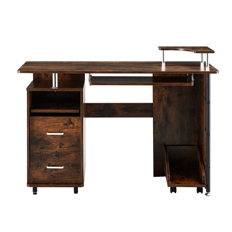 Bureau brun antique avec rangement pour tiroir et plateau de clavier d'ordinateur rectangulaire stable