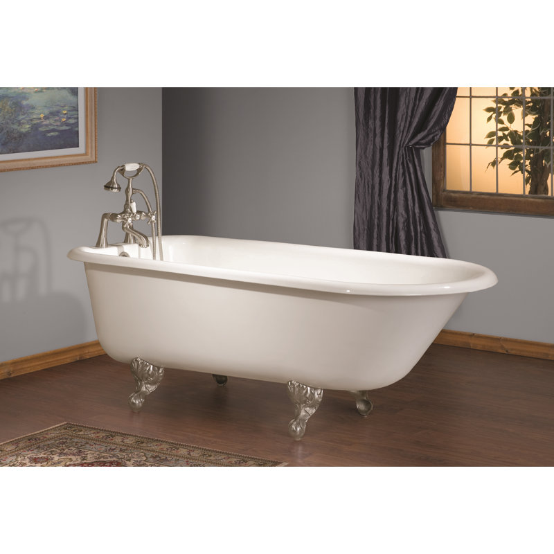 61'' L Freestanding Soaking Bathtub, Polished Brass, White Interior with White Exterior