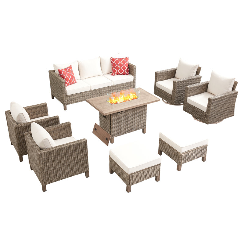 8 Piece Patio Outdoor Conversation Set With Swivel Chairs And Fire Pit Table, Beige