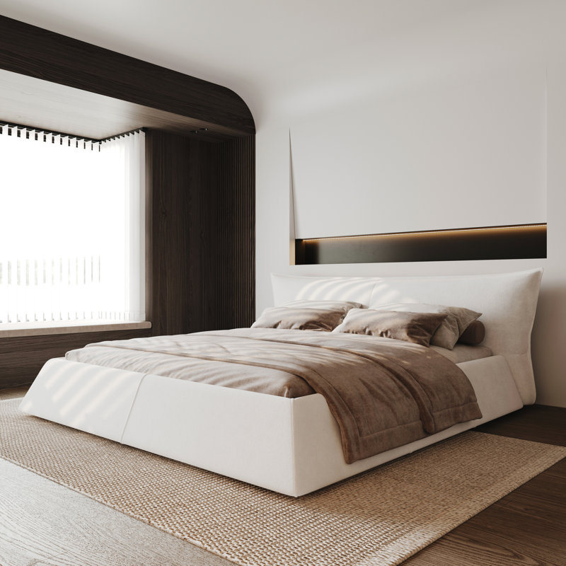 Lit plateforme tapissier avec tête de lit, lattes de bois pour la chambre à coucher, Grand lit, Blanc