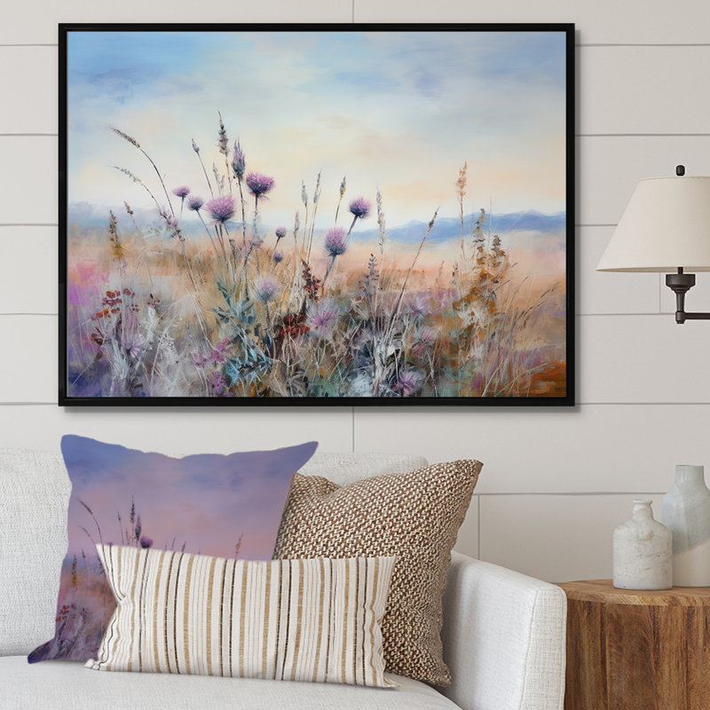 «Mauve chardon champ», impression sur toile, Cadre flottant noir, H 24 po x l 32 po x P 1 po