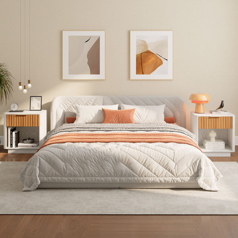 21.6"W Fluted Wooden Nightstand, Set of 2, White/Oak