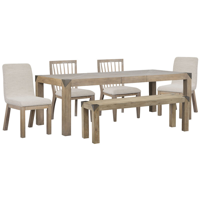 Lund Extendable Rectangular Dining Table With 2 Side Chairs 2 Host Chairs And Bench, 6 Pcs: Table, 4 Chairs, Bench