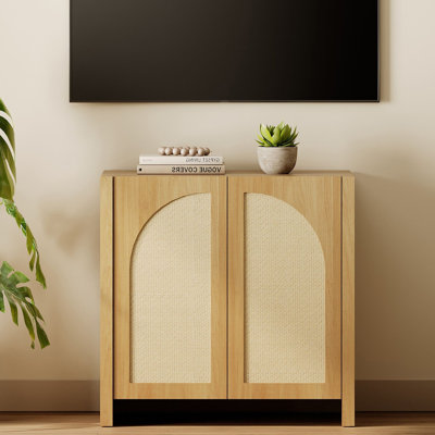 Meuble télé en rotin de style ferme, largeur 80 cm (31,5 po), compatible avec les téléviseurs jusqu'à 114 cm (45 po), centre multimédia en bois de style wabi-sabi avec tablette réglable et rangement pour le salon, chêne