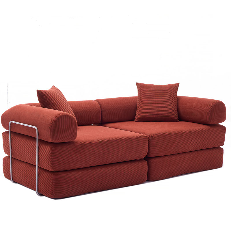Canapé-lit modulaire pour appartement, canapé-lit convertible avec structure fixe et accoudoirs amovibles, matelas pliant pour petits espaces, sans assemblage, velours côtelé, rouge Ancora