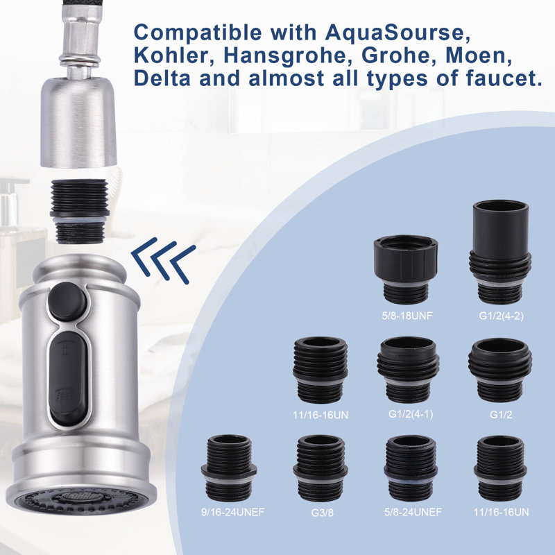 Robinet de cuisine en acier inoxydable de remplacement 3 modes avec 9 adaptateurs, Nickel brossé