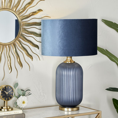 Lampe de table en verre nervuré bleu avec abat-jour en velours Ehrenberg