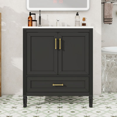 Meuble-lavabo cannelé avec lavabo en céramique, pieds en bois massif, portes à fermeture en douceur et tiroir