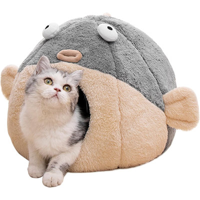 Cat Beds For Indoor Cats - Cat Bed Cave With Removable Washable Cushioned Pillow,2 In 1 Super Soft Cat Tent For Kitten And Small Cats, Lively Pufferfish Animal-Shape & Furniture, Grey Multiple Sizes