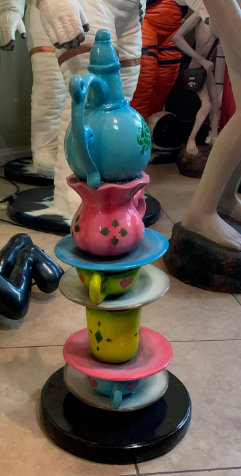 Mychele Small Stacked Teapot Table Top Statue, Blue/Pink/Green