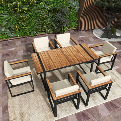 7-Piece Metal Patio Dining Set With Chair And Wood Table And Removable Cushions