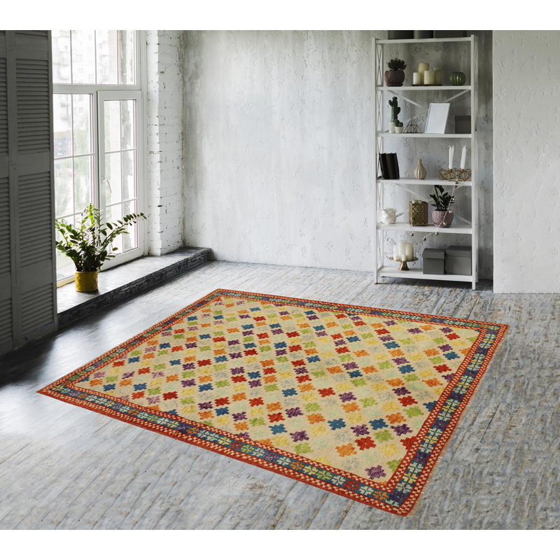 Tapis géométrique vert / rouge / beige en laine noué à la main à motif géométrique 5 pi x 6 pi 6 po Laudalino