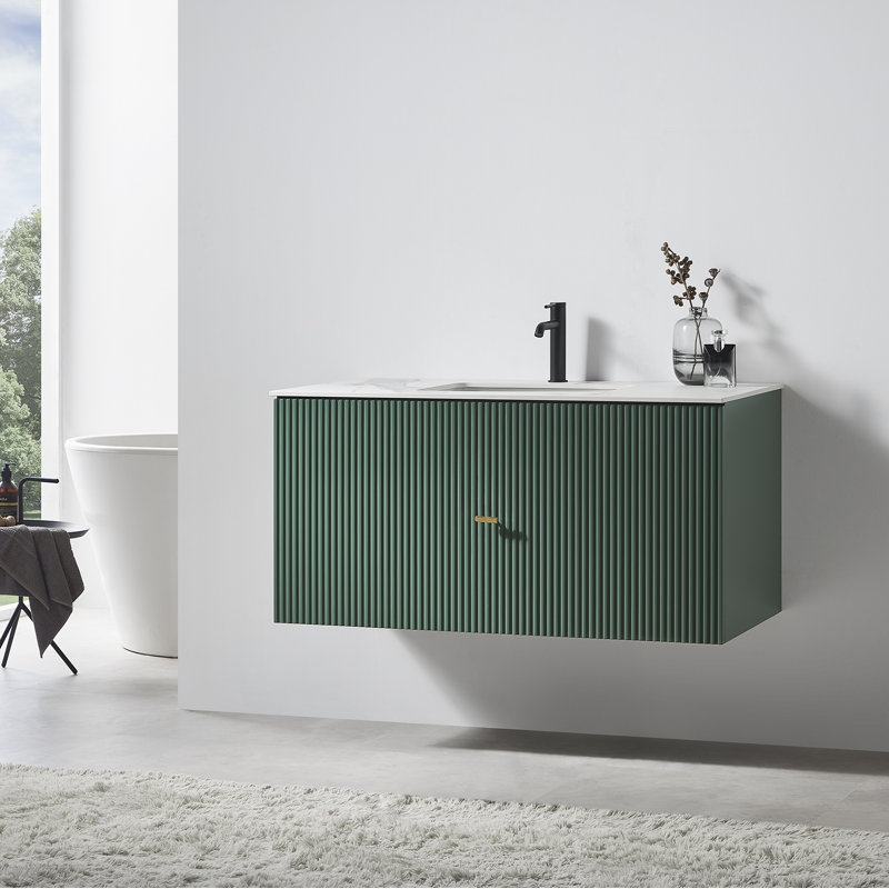 Meuble-lavabo simple 42 po avec plateau en pierre reconstituée Jamell, Vert forêt, Blanc