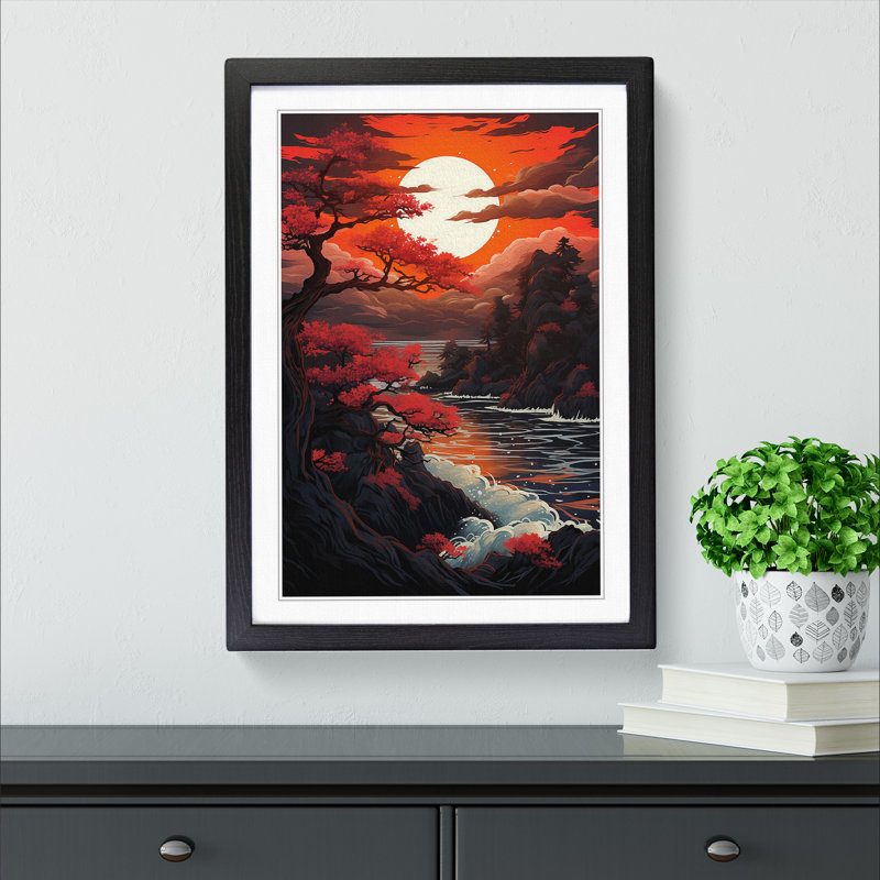 Japanese Sunset Symbolism - Framed Print, Black , 46cm H x 34cm W x 2cm D