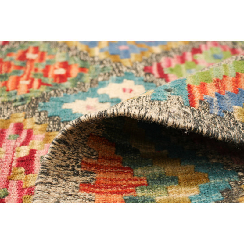 Tapis gris foncé unique et audacieux en laine 5 pi 10 po x 7 pi 10 po Kilim