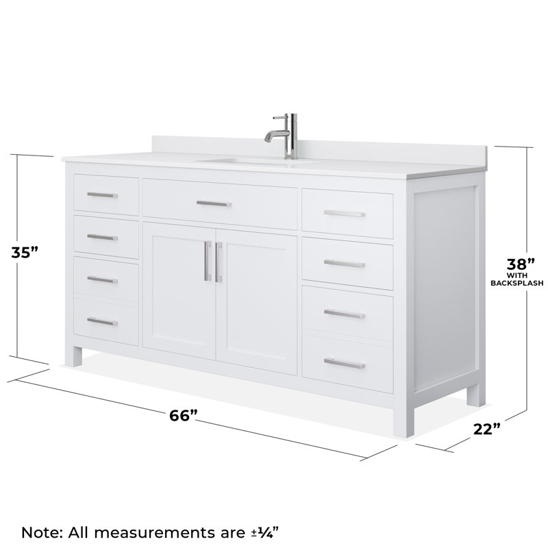 Beckett 66" Freestanding Single Bathroom Vanity with Cultured Marble Top, White, White Cultured Marble, Brushed Nickel