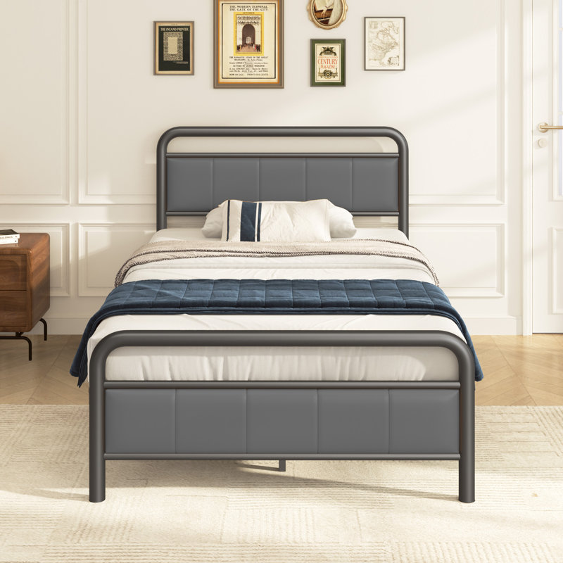 Structure de lit avec tête de lit tapissier, lit plateforme en métal, Lit simple, Gris
