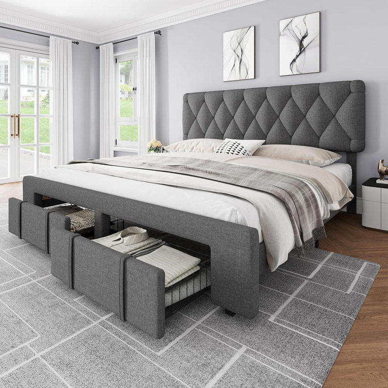 Upholstered Storage Bed Frame with Drawers, Platform Bed with Solid Wood Slats, No Box Spring Needed, Gray, Queen